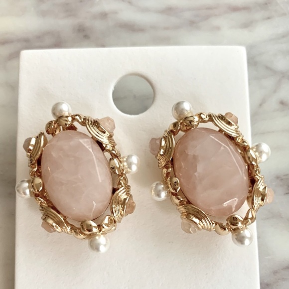 Pink Stone Pearl Embellished Baroque Style Statement Earrings - Picture 6 of 11